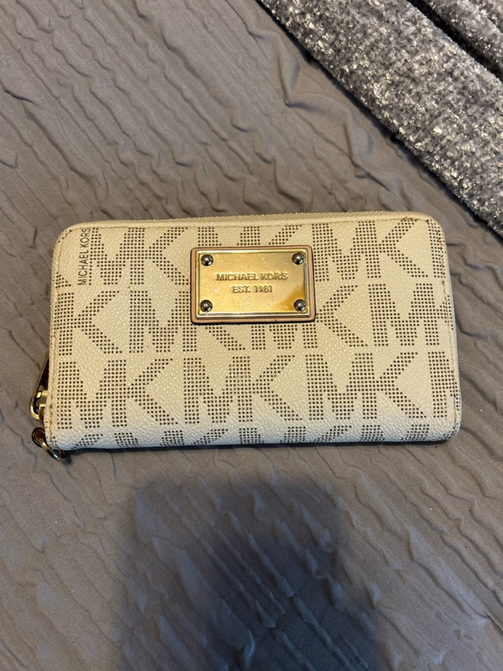 Michael Kors White/ Beige MK Monogram Zip Wallet with Gold Plate